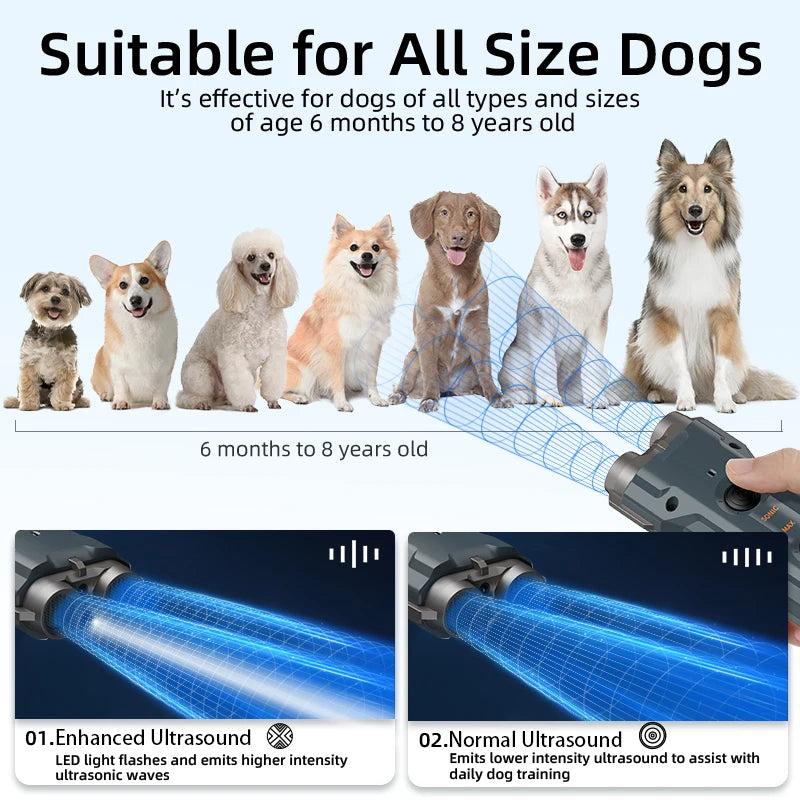 ROJECO Dog Repeller Ultrasonic Dog Alarm Anti Barking Deterrent Device Rechargeable High Power Dogs Repeller With LED Flashlight
